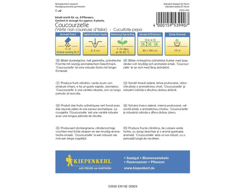 Coucourzelle Sämereien Verpackung mit Informationen zu Aussaat, Abstand und Erntezeit