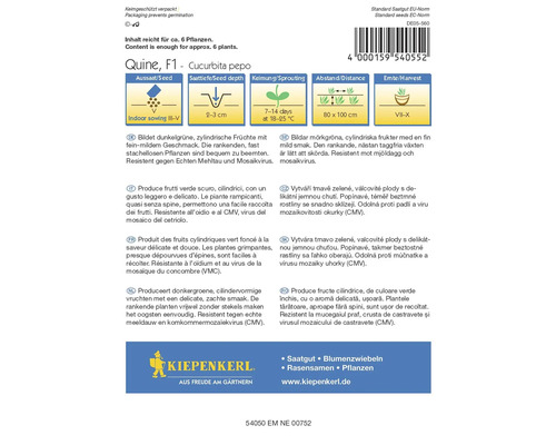 Sachet de graines Quine F1 - Cucurbita pepo avec informations sur le semis, la profondeur de semis, la germination, l''espacement et la période de récolte