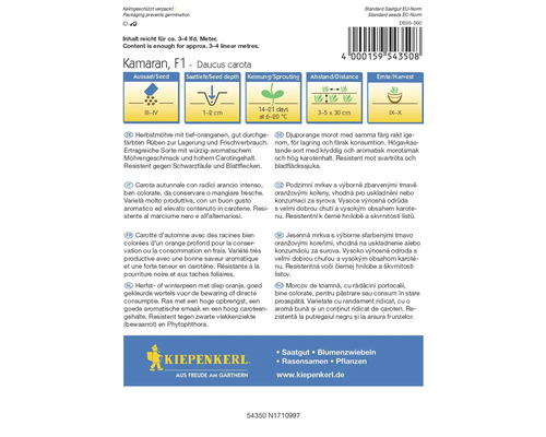 Karottensamenpackung Kamaran F1 von Kiepenkerl mit Informationen zu Aussaat, Saattiefe, Keimung, Abstand und Erntezeit