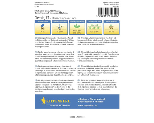 Plessis F1 Brassica Rapa Saatgutpackung mit Informationen zu Aussaat, Saattiefe, Keimung, Abstand und Ernte
