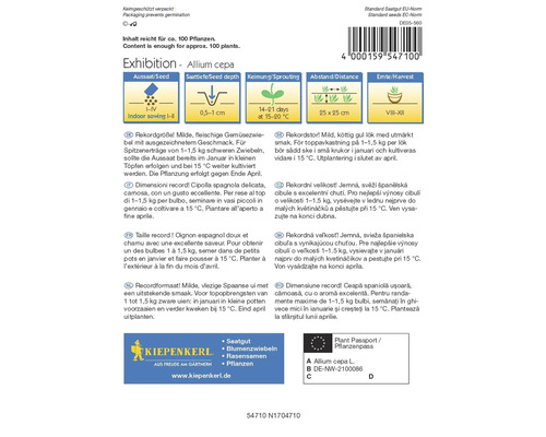 Samenpackung Exhibition Allium cepa mit Informationen zu Aussaat, Saattiefe, Keimung, Abstand und Ernte