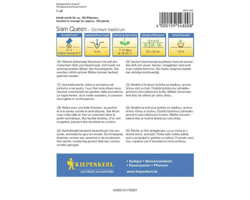 Sachet de graines de basilic Siam Queen avec instructions pour le semis, la profondeur de semis, la germination, la distance et la récolte