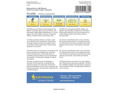 Emballage des graines d''Anethum graveolens Annette de Kiepenkerl avec des informations sur le semis, la germination et la récolte