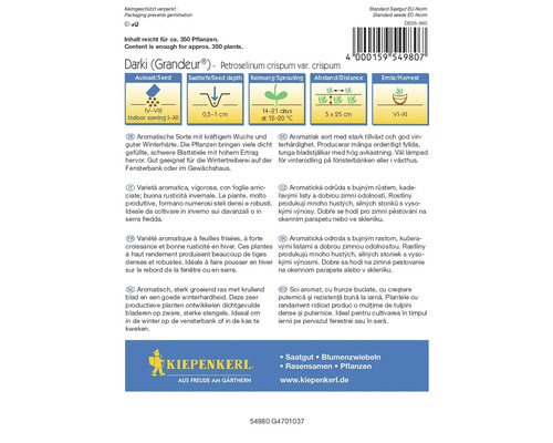 Verpackung der Petersiliensorte Darki Grandeur mit Informationen zu Aussaat, Keimung und Ernte