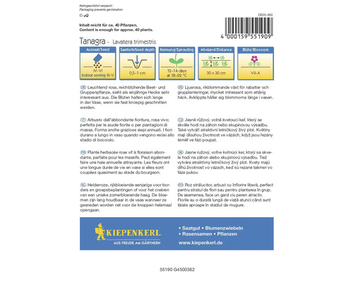 Paquet de graines de fleurs Tanagra Lavatera trimestris avec des informations sur la période de semis, la profondeur de semis, la germination, l''espacement et la période de floraison