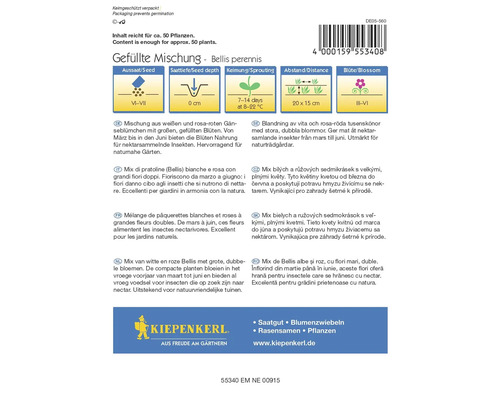 Sachet de graines mélange fleuri Bellis perennis avec semis, profondeur de semis, germination, distance et floraison