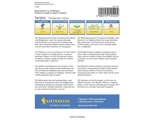 Sachet de graines Sangria Tropaeolum minus avec des informations sur le semis, la profondeur de semis, la germination, la distance et la période de floraison