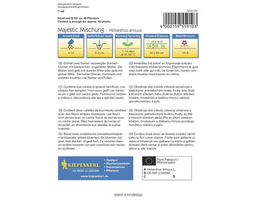 Paquet de graines Majestic Mischung Helianthus annuus avec des informations sur le semis, la floraison et le passeport phytosanitaire