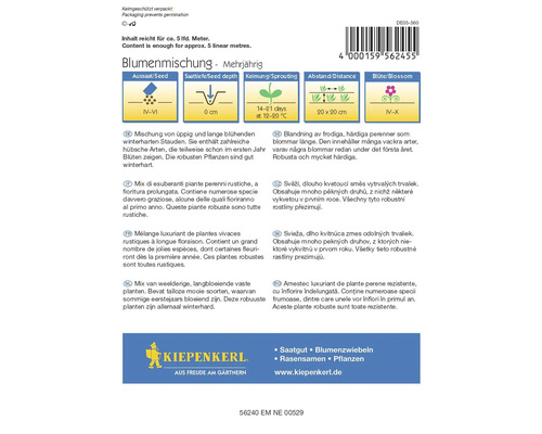 Mélange de fleurs vivaces, informations sur le semis, la profondeur de semis, la germination, l''espacement et la floraison