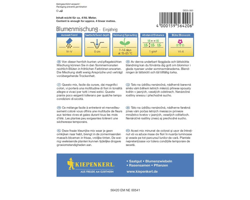 Paquet de graines de fleurs avec des informations sur le semis, la profondeur de plantation, la germination, l''espacement et la période de floraison