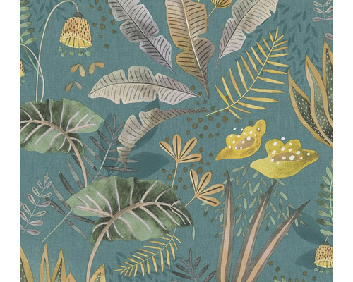 Papier peint intissé 39348-3 Famous Garden feuilles bleu Papier peint avec motif de jungle et divers motifs végétaux