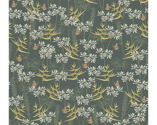 Papier peint intissé 39423-2 Drawn into Nature herbes pétrole Papier peint avec des fleurs et des papillons