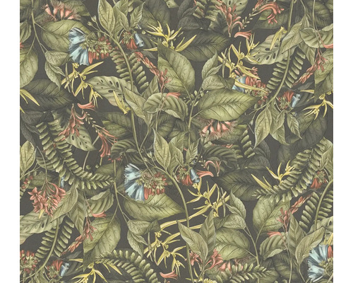 Papier peint intissé 39425-1 Drawn into Nature feuilles vert foncé rouge jaune Papier peint à motif de feuilles et de fleurs