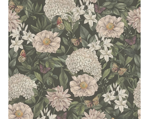Papier peint intissé 39426-1 Drawn into Nature fleurs noir vert foncé Papier peint avec fleurs et papillons