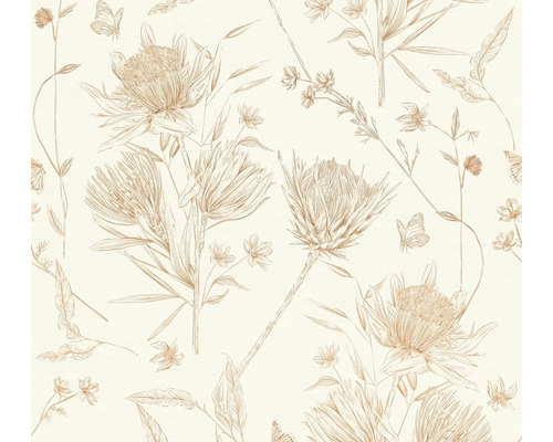 Papier peint intissé 39427-1 Drawn into Nature fleurs beige orange Motif floral avec fleurs et papillons
