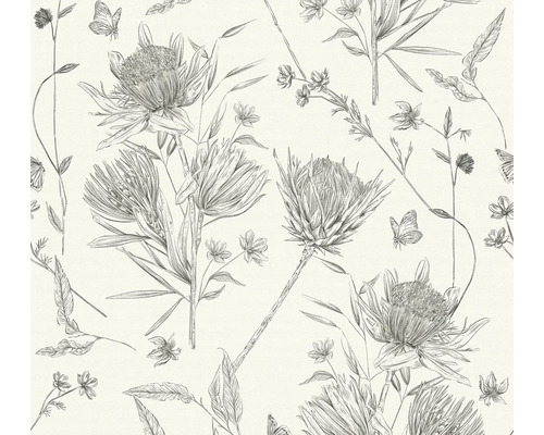 Papier peint intissé 39427-2 Drawn into Nature feuilles jungle floral nature blanc noir