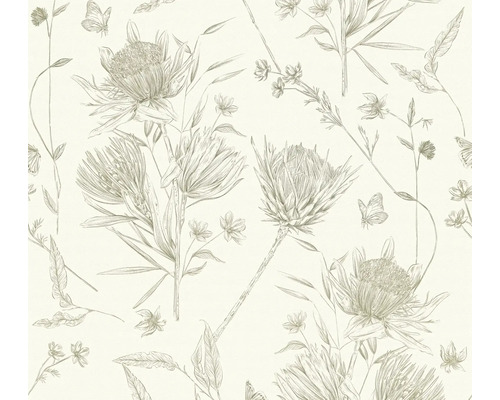 Papier peint intissé 39427-3 Drawn into Nature feuilles jungle floral nature blanc vert