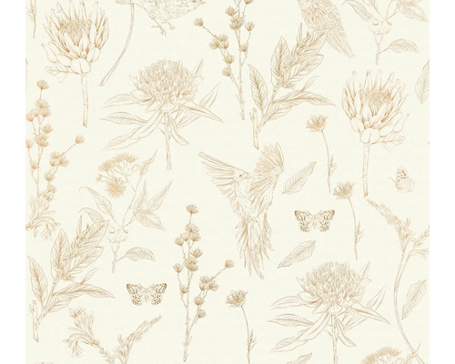 Papier peint intissé 39429-1 Drawn into Nature fleurs beige orange Papier peint avec motif de fleurs, d''oiseaux et de papillons