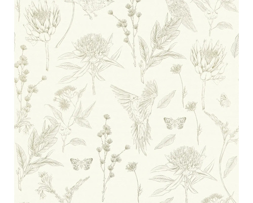 Papier peint intissé Drawn into Nature fleurs animaux blanc vert Papier peint avec motif de fleurs et d''oiseaux