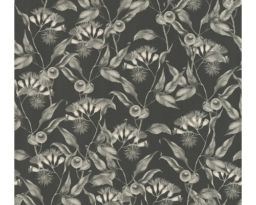 Papier peint intissé Drawn into Nature feuilles jungle floral nature noir blanc gris