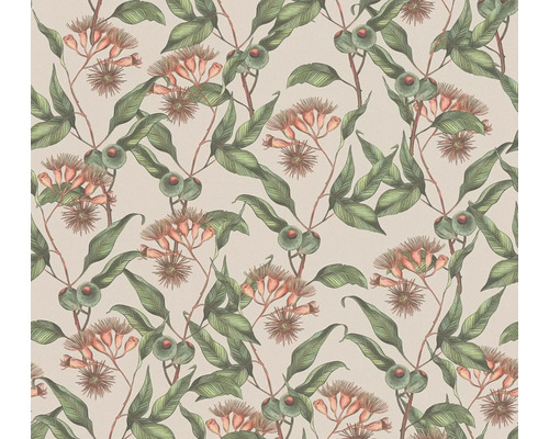 Papier peint intissé 39430-3 Drawn into Nature feuilles beige vert rose Papier peint avec motif d''eucalyptus pour la décoration murale