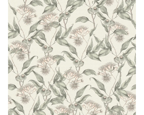 Papier peint intissé 39430-4 Drawn into Nature feuilles gris vert beige Papier peint à motif de feuilles et de fleurs