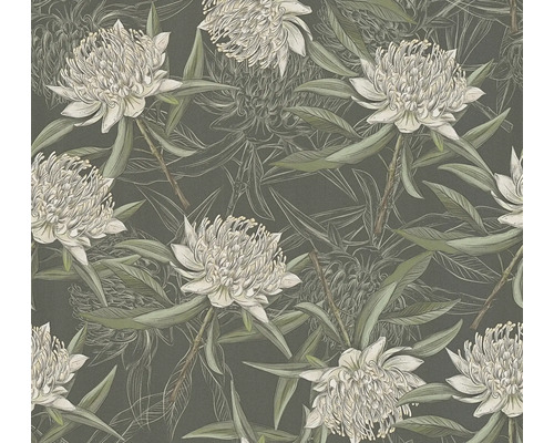 Papier peint intissé Drawn into Nature fleurs noir vert Papier peint à motif floral