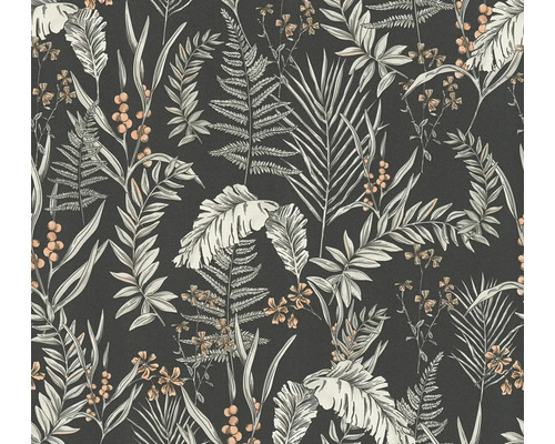 Papier peint intissé Drawn into Nature feuilles jungle floral nature noir blanc orange gris