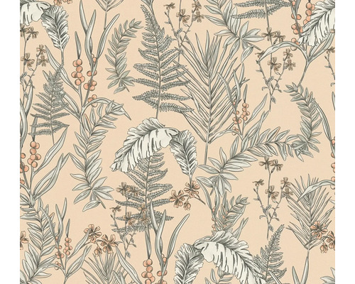 Papier peint intissé Drawn into Nature feuilles jungle floral nature rose beige blanc noir