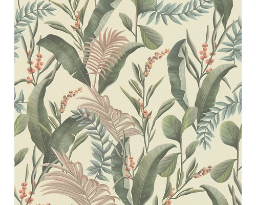 Papier peint intissé 39436-1 Drawn into Nature feuilles crème vert rose Papier peint avec motif de feuilles et de baies