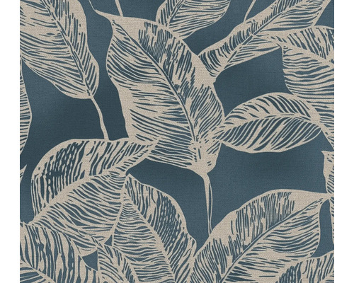 Papier peint intissé 38663-1 Natural Living feuilles bleu Gros plan d''un textile avec motif de feuilles