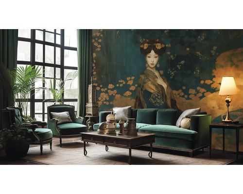 Salon élégant avec meubles verts, papier peint à motifs et grande fenêtre