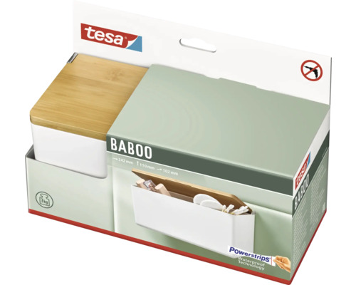 Boîte de rangement et organisateur mural Tesa Baboo avec couvercle en bambou dans son emballage.