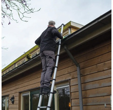 Mann reinigt Dachrinne mit einer Teleskopleiter an einem Haus.