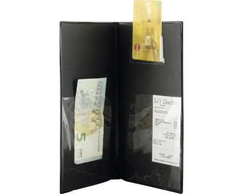 Rechnungsmappe mit Kreditkarte, Geldschein und Rechnung