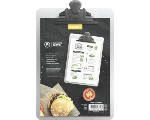 Menüklemme aus Metall A4 mit einem Menüblatt und Speisenabbildungen