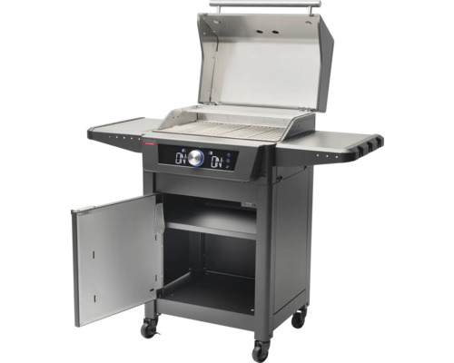 Grill avec capot ouvert, commande numérique, tablettes latérales et armoire basse avec porte ouverte.
