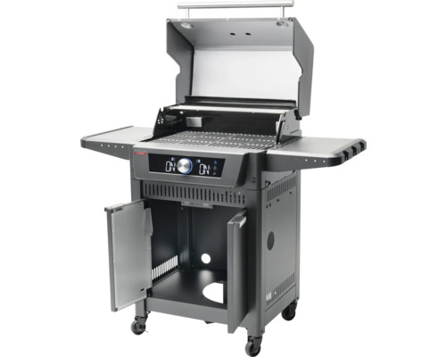 Gril à gaz avec couvercle ouvert, commandes et espace de rangement