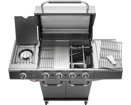 Geöffneter Gasgrill mit Seitenbrenner und Grillrost