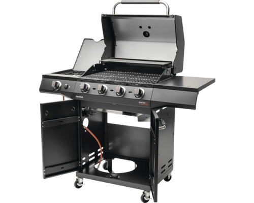 Offener Gasgrill mit vier Brennern, Warmhalterost, Seitentisch und Unterschrank