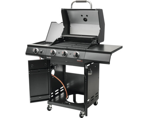 Barbecue à gaz avec trois brûleurs, étagères et châssis sur roulettes