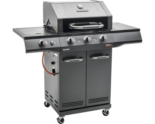 Gril à gaz Char-Broil avec surfaces de rangement, boutons rotatifs, portes et roulettes