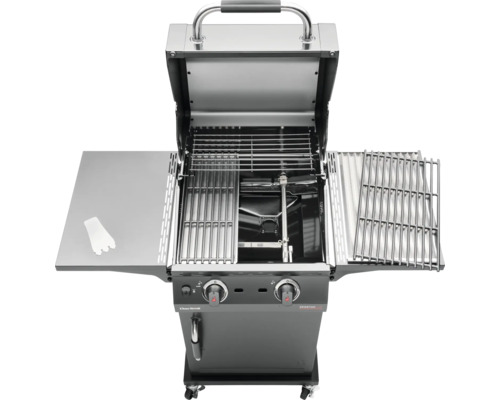 Barbecue à gaz avec couvercle ouvert, grilles et table d''appoint