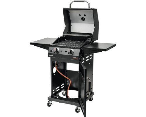 Grill à gaz avec deux brûleurs, étagères et meuble bas