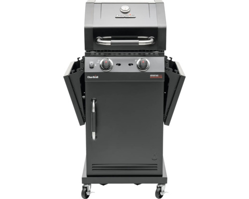 Grill à gaz Char Broil avec deux brûleurs, thermomètre, tablettes latérales et espace de rangement