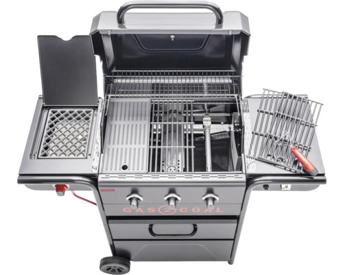 Barbecue à gaz ouvert avec grille de maintien au chaud et brûleur latéral