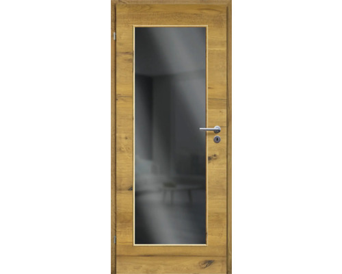 Porte d'intérieur chêne bronze placage transversal 73,5x198,5 tirant gauche MODERN 08 verre gris foncé Porte intérieure en bois avec insert en verre et poignée de porte