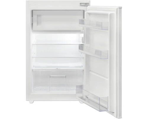 Offener, kleiner Kühlschrank mit Regalen und Türfächern