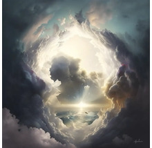 Gemälde einer Landschaft mit Wolken und Lichtstrahlen