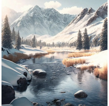 Winterlandschaft mit schneebedeckten Bergen, fließendem Fluss und Nadelbäumen